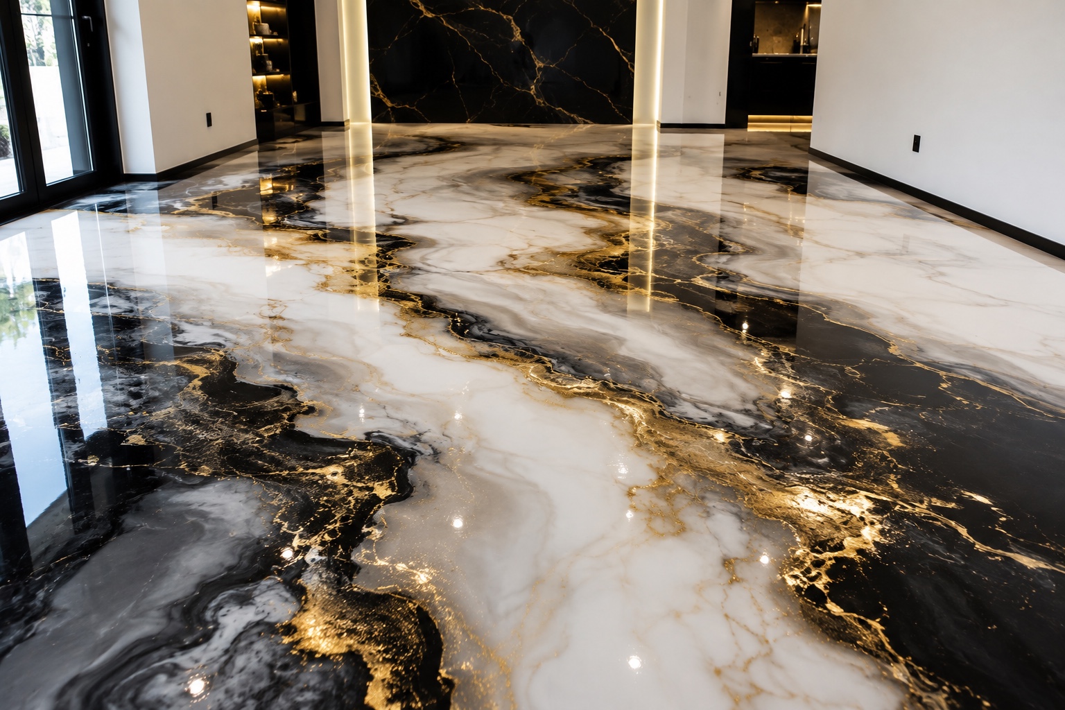 Black, white and gold metallic epoxy floor